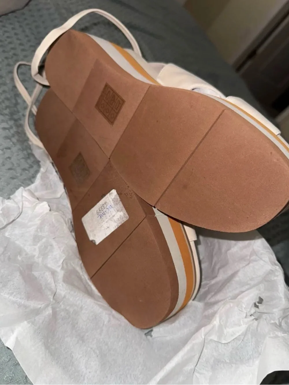 Steve Madden Cream Lace-Up Platform Sandals with Orange and Brown Striped Sole